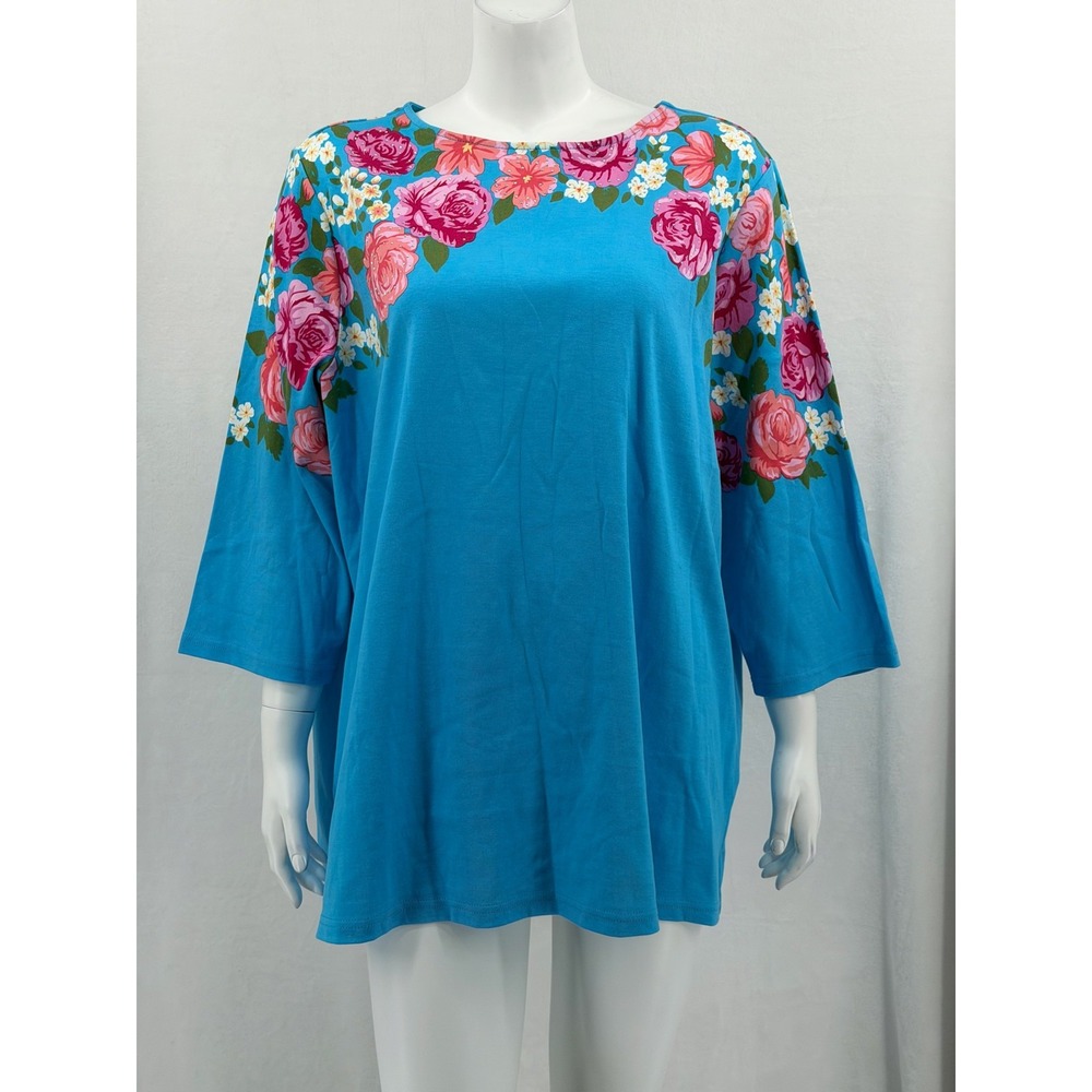 Quacker Factory Top Womens 2X Blue Floral Life is Rosey Sparkle Boho Colorful